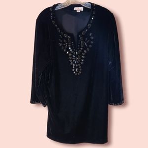 Black Velour (Velvet-Like) Embellished Blouse (L)